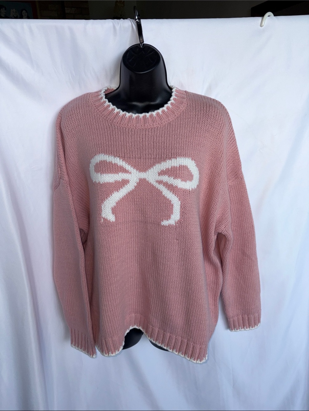 Sincerely Jules 2 Pink Crewneck Sweater with White Bow, 25” PTP, 25” L